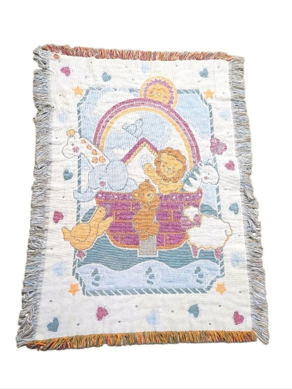 Noah's Ark Woven Fringed Crib Blanket Throw Multicolor Unisex Vintage Bear Boat